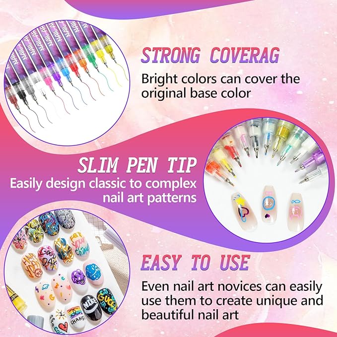 12 Color Nail Art Pens Set,Nail Art Markers Polish Pen,3D Quick-Dry Nail Polish Pens,Drawing Painting Liner Brush for Graffiti Dotting Drawing Painting Point Liner DIY
