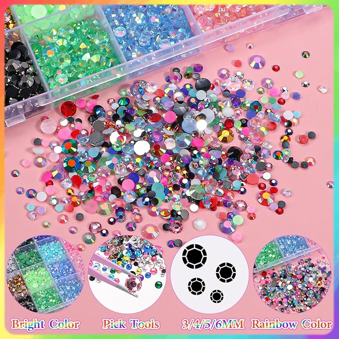 22300Pcs Color Rhinestones for Bedazzling, 3-6 mm Jelly Bedazzling Resin Gems, White Pink Purple Black Gold Tan Red Silver Gems Colored Bedazzling Kit for Crafting Nails Face Makeup Crafts Tumblers