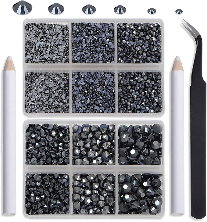 NCB Hotfix Iron on 8000pcs Crystal Rhinestones Round Gem for Crafts Decoration DIY Jewelry Making with a Tweezers and 2 Picking pens (Hematite Black, 6Sizes SS4-SS30)