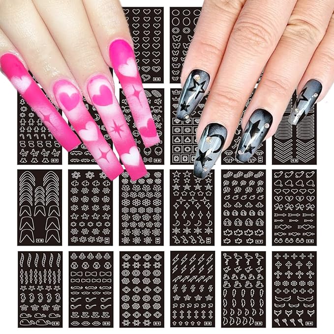 24 Sheets Airbrush Stencils Nail Stickers for Nail Art, French Nail Decals Printing Template Stencil Tool Moon Stars Heart Butterfly French Design Hollow (154 Designs)