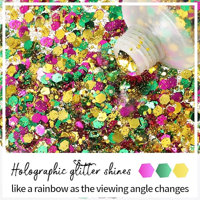 DAGEDA Mardi Gras Body Glitter Gel, Green Gold Purple Face Hair Glitter Carnival Accessories, Chunky Glitters for Mardi Gras Outfit Accessories,Laser Powder Hair Sparkles Festival Sequins Makeup