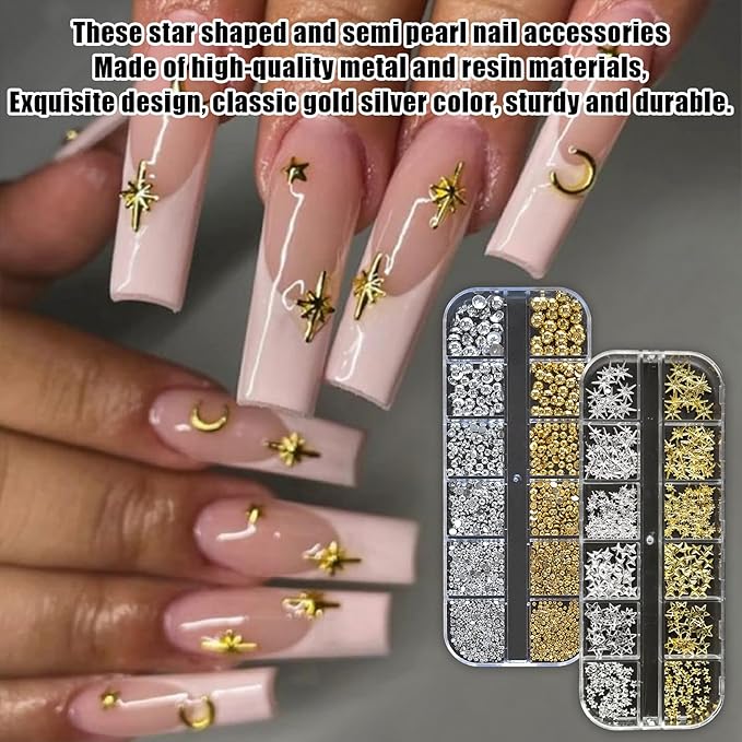 Gold Silver 3D Nail Charms, 2Boxes 24Grids Bow Star Nail Gems Nail Studs,Punk Metal Alloy Rivet Stickers Bowknot Nail Art Decorations Accessories for Nail Art Design DIY Crafts (Gold Silver E-)