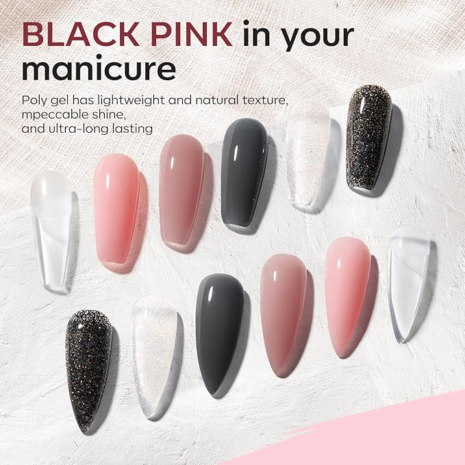 modelones Poly Gel Nail Kit 6 Colors with 8 W Nail Lamp Poly Extension Gel Clear Nude Pink Black Glitter Complete Starter Kit for Beginner DIY Salon Quality Manicures