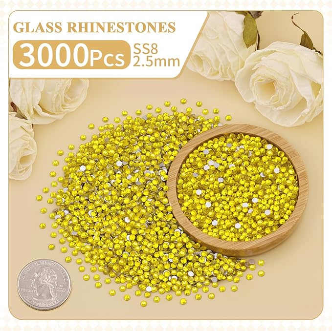 3000PCS SS8/2.5mm Crystal Rhinestones (Lemon Yellow), Bedazzling Flatback Glass Rhinestones for Crafting, Gems Diomand Charm for Tumbler Shoes Clothing Mugs Nail Art