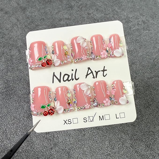 Pink Handmade Press on Nails Duck Medium Fake Nails 3D Cherry False Nails with Glue Sparkling French Tips False Nails Handmade Duck Nails Press ons Reusable Stick on Nail for Women 10Pcs(M)