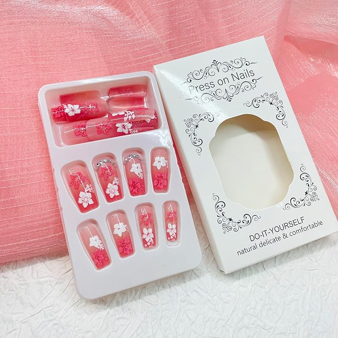Square Press on Nails Medium Fake Nails with Designs White Flower Stick on Nail Rhinestone Acrylic False Nail French Glossy Artificial Nail Full Cover Glue on Nails for Women