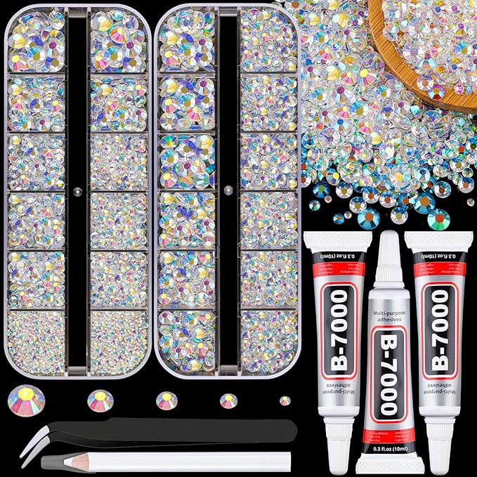 Resin Jelly Rhinestones for Crafting with B7000 Jewelry Glue, 2 Boxes Transparent AB Flatback Crystals with 3Pcs 10ml Glue, Bedazzling Non Hotfix Gems for DIY Tumblers Clothing Shoes Manicure