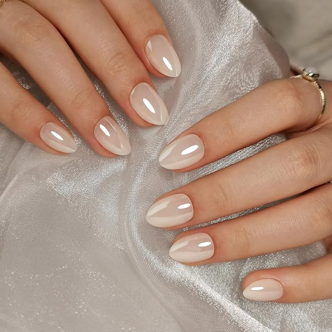 30 Pcs Almond Shaped Soft Gel Press on Nails Short Fake Nails with Glue on Nails Glossy False Nails with Chrome Designs Solid Color Acrylic Nails Full Cover Quality Stick on Nails Kit for Women