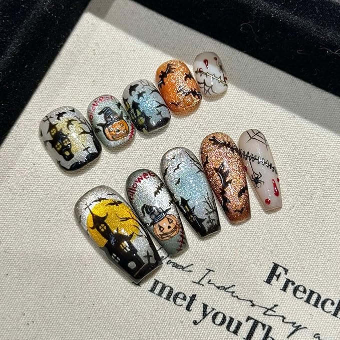 Luxury Halloween Press on Nails Short Square Handmade 3D Unique Reusable ABS Material Fake Nails Cute False Nails with Designs Pumpkin Spider Web Glossy Glue on Nail Thick Acrylic Nail(S)