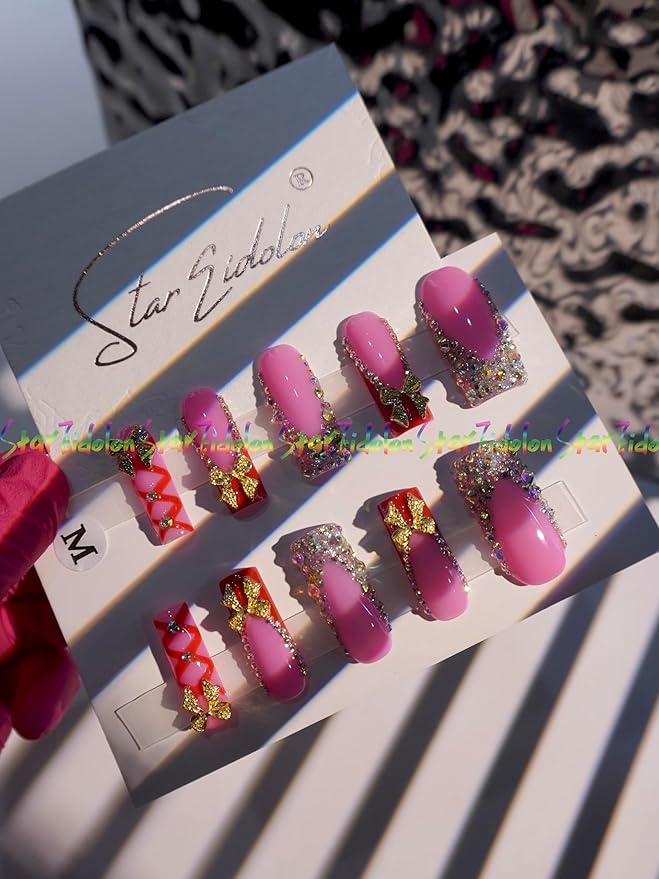 HAND-PAINTED White Press Ons Neon Small Press on Nails Long French Press on Nails Coffin Medium Short Nail art Fake Nail Art Kit with 7g Glue on Nails Handmade Almond Square Nails (TJ-4, Medium)