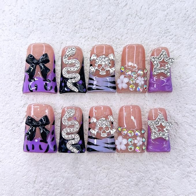 10 Pcs Handmade Press on Nails Duck 3D Luxury Rhinestone False Nails with Bow Stars Design Full Cover Thick French Tip Fake Nails Acrylic Reusable Stick on Nails for Women Grils DIY Decoration（Size M）