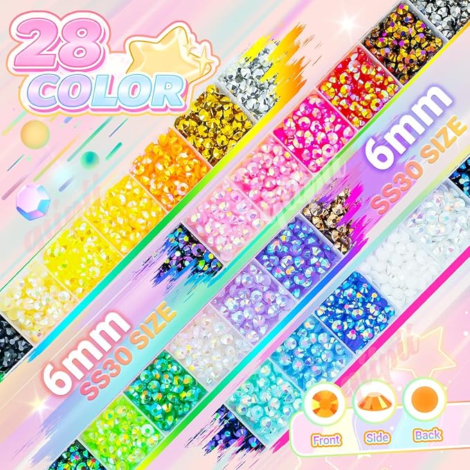 28 Color 6mm Jelly Resin Rhinestones w B7000 Glue for Bedazzling Crafting SS30 Flatback Stones Colorful AB Gems Diamonds Bedazzler Kit Charms for Nails Eyes Face Makeup Tumblers Crafts Shoes