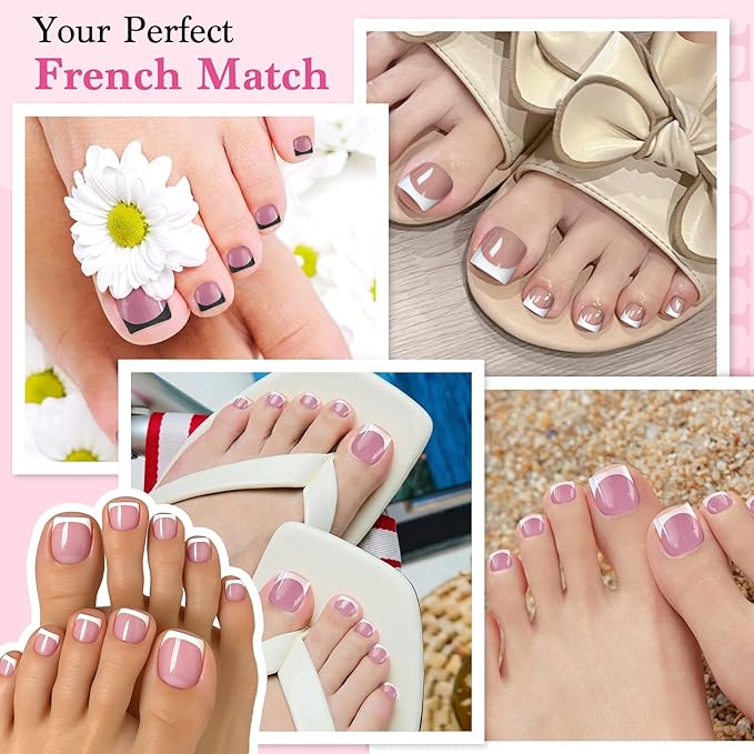 Toe Nails Press On French Tips for Women, 15 Sizes 150 Pcs Sharp Square Pre-applied Primer & Base Coat Toenail Press Ons Baby Pink Full Cover Fake Tips Extension, Builder Nail Gel & Top Coat Required