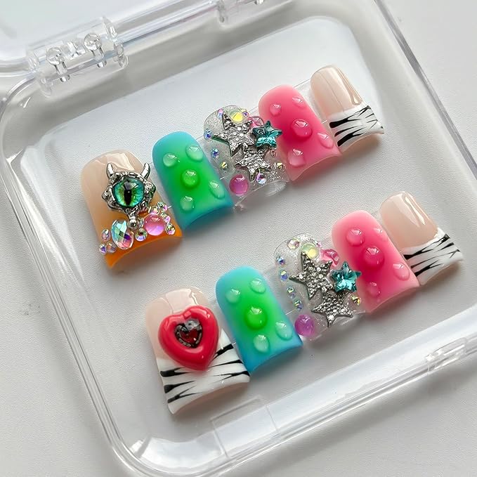 Luxury Press on Nails Short Duck Handmade 3D Unique Reusable ABS Material Fake Nails French Tip Y2k False Nails with Designs Stars Heart Rhinestones Gradient Glossy Glue on Nail Thick Acrylic Nail(M)