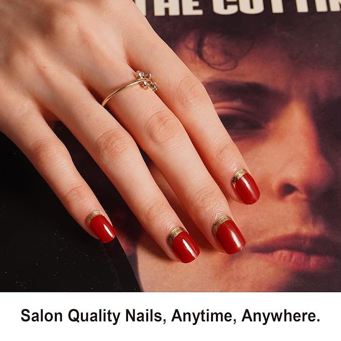 DANNI & TONI Semi Cured Gel Nail Strips Scarlet Red Gel Nail Wraps Gold Reverse French 28 Stickers |Gilded Velvet