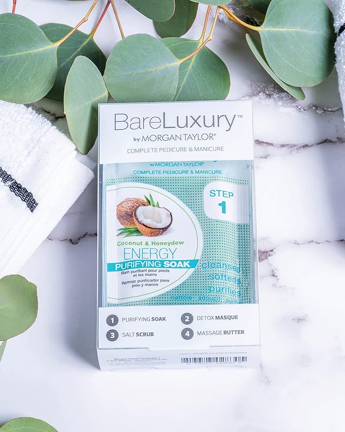 Morgan Taylor BareLuxury 4-Step Complete Pedicure & Manicure Packs - Complete Nail Care Kit with Soak, Masque, Scrub & Massage Butter, Professional Spa-Quality Treatments (Energy Coconut & Honeydew)