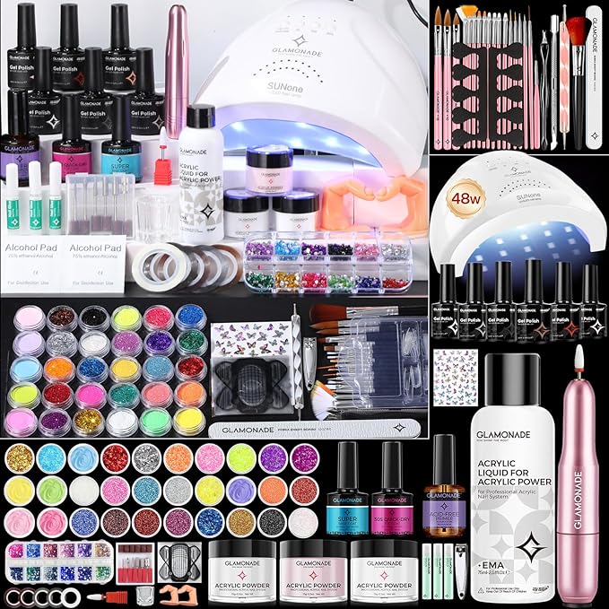 Acrylic Nail Kit for Beginners: 0 Experience Needed to Complete Acrylic Nail Starter Kit with 48W Nail Lamp & Drill for Home DIY Manicure