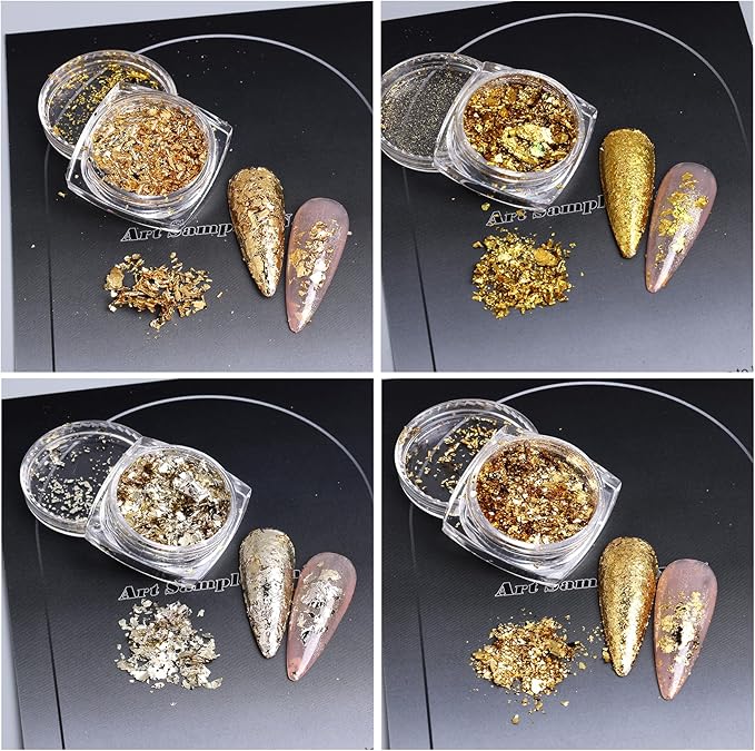 8 Bottles Gold Flakes Nail Glitter Foils Metallic Gold Silver Black Rose Golden Foil Nail Sequins 3D Irregular Ultra-Thin Aluminum Nail Art Flakes Designs Shiny Gold Leaf for Nails Decoration