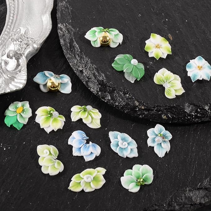 30PCS 3D Handmade Flower Nail Art Charms Advanced Handcrafted Cherry Blossom Flower Colorful Sculpted Floral Nails with Rhinestone Caviar Beads Design for Women Profession Nail Art Craft Jewelry