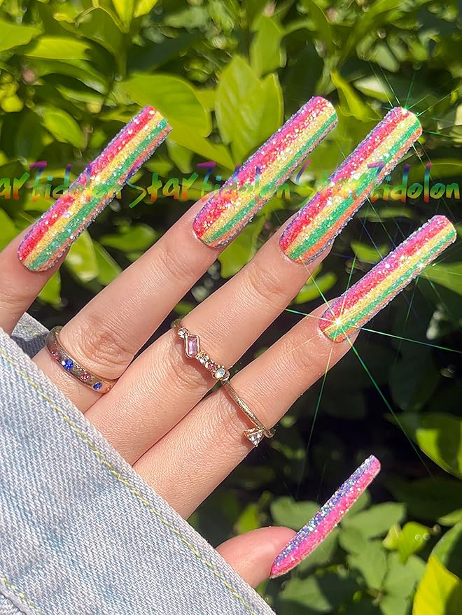 HAND-PAINTED White Press Ons Neon Small Press on Nails Long French Press on Nails Coffin Medium Short Nail art Fake Nail Art Kit with 7g Glue on Nails Handmade Almond Square Nails (Medium, J8)