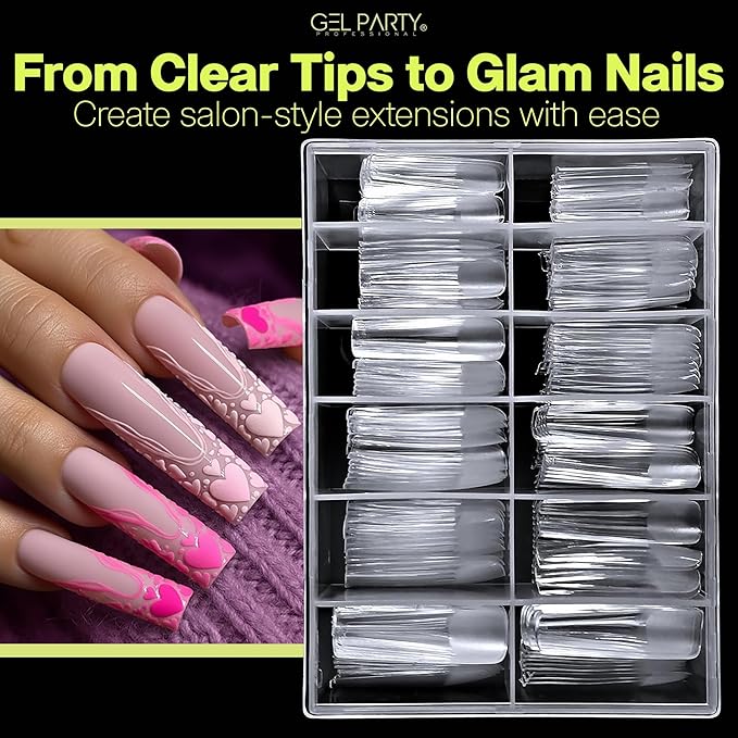 GELPARTY Soft Gel Nail Tips XL Long Square - 240Pcs Pre-Buffed Matte Full Cover Tips - No Filing Needed, Soak Off Gel Extension System - Clear False Nails (12 Sizes)