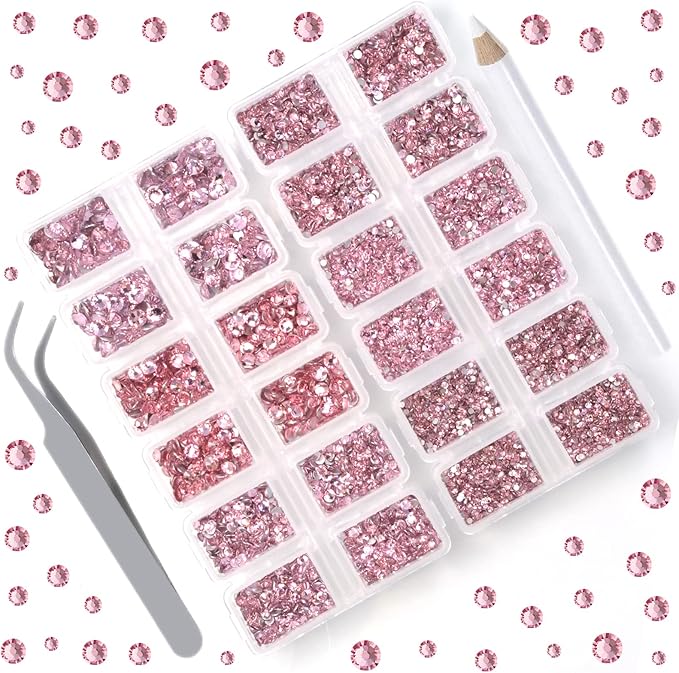 10000 Pieces Rhinestones 6 Sizes Round Crystal Glass Flat Back Rhinestones with 1Tweezers and 1Picking Pen for Nail Art Crafts Clothes Bags DIY (Pink)