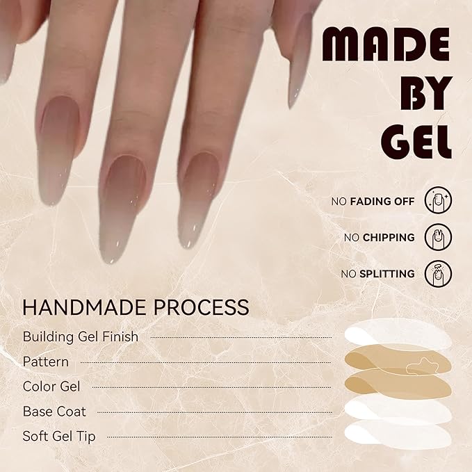 24pcs Long Almond Press On Nails,Translucent Nude Gradient Fake Nails with Jelly Glue,Reusable Stick On Nails for Women & Beauty lovers