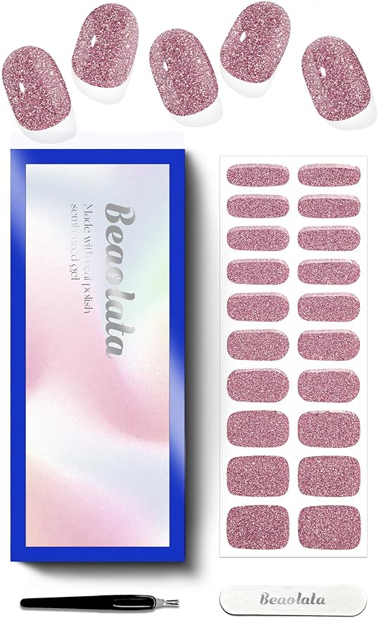Semi Cured Gel Nail Strips - UV Light Gel Nail Stickers - 20 Long Lasting Salon Quality Wraps (Twilight Pink Glitter)