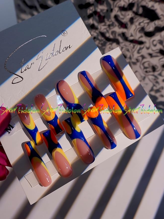 HAND-PAINTED White Press Ons Neon Small Press on Nails Long French Press on Nails Coffin Medium Short Nail art Fake Nail Art Kit with 7g Glue on Nails Handmade Almond Square Nails (TJ-10, Medium)