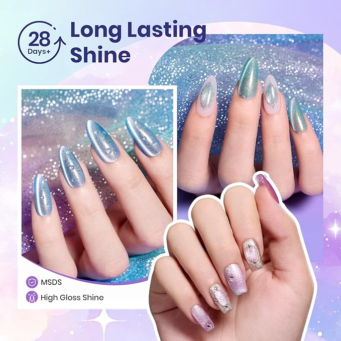 Beetles Romantic Galaxy Cat Eye Gel Nail Polish Set - 6 Colors Glitter Gel Polish Kit Pink Blue Purple Red Green Velvet Gel Magnet Soak Off UV French Nail Art Manicure Spring Summer Gift for Women