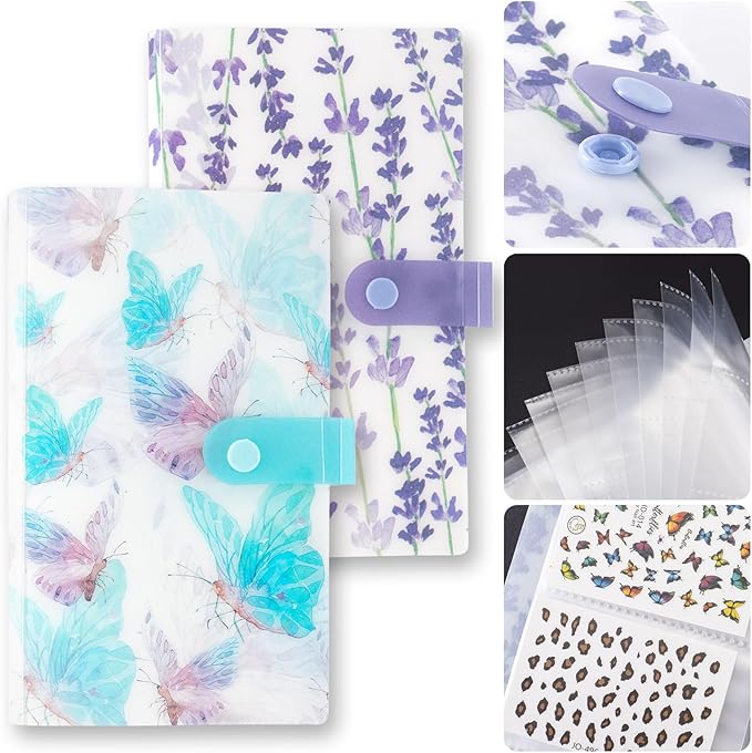 2PCS 240 Slots Flower Butterfly Nail Art Sticker Storage Books Purple Blue Wisteria Organizer Binders Transparent Collecting Album Photo DIY for Notebooks Diary Journal Planner