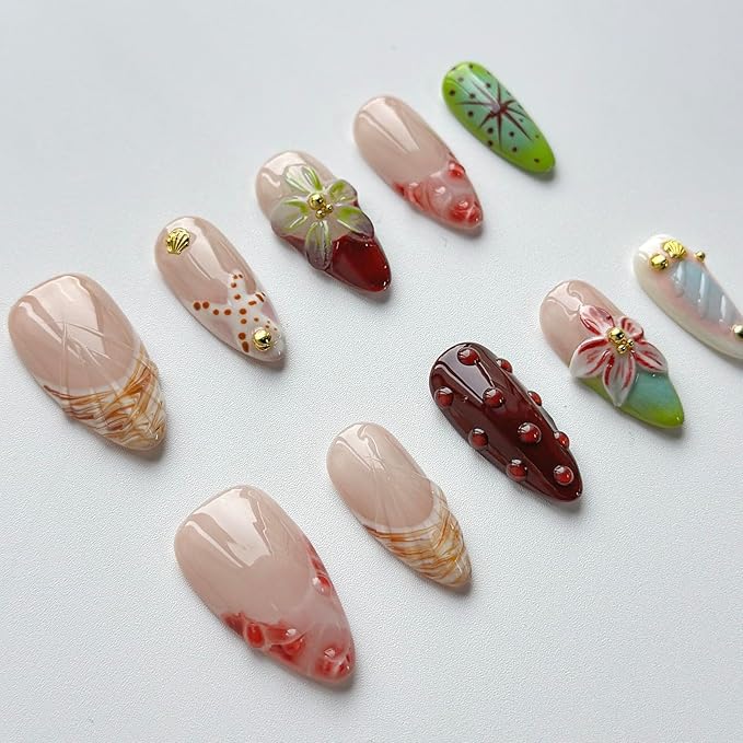 Luxury Press on Nails Medium Almond Handmade 3D Unique Reusable ABS Material Fake Nails French Tip False Nails with Designs Starfish Water Drop Red Flower Glossy Glue on Nail Thick Acrylic Nail(S)