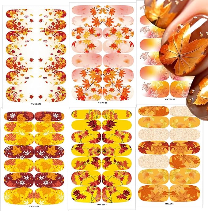 6 Sheets Fall Gel Nail Stickers Self-Adhesive Fall Gel Nail 3D Maple Leaf Fall Nail Wraps Stickers Strips Thanksgiving Maple Leaves Nail Polish Stickers for Women Autumn Nail Design DIY Kit