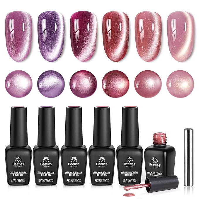 Beetles Cat Eye Gel Polish Nail Set - 6 Colors Purple Red Pink Glitter Magnetic Cat Eye Gel Fall Gel Polish Kit Soak Off UV Ceramic Rose Collection Manicure Gift for Women