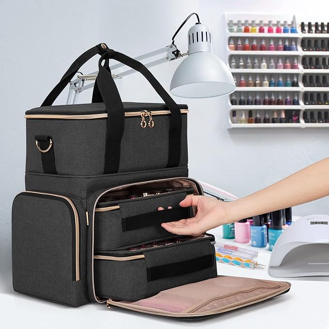 LUXJA Nail Polish Organizer Holds 70 Bottles and a Nail Lamp, Nail Polish Case with 2 Removable Bags and Tools Storage Pockets (Patent Pending), Black
