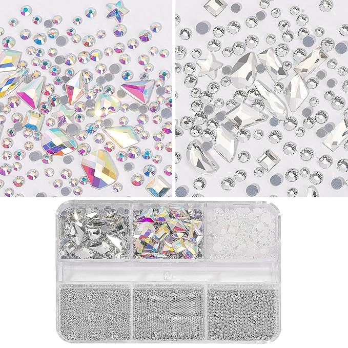 3D Nail Art Charms Silver Grey Nail Micro Caviar Beads Rhinestones for Acrylic Nails Mix Size Multishape AB Nail Rhinestones Nail Crystal Studs Flatback Pearl Kit for Nail DIY Craft Decoration