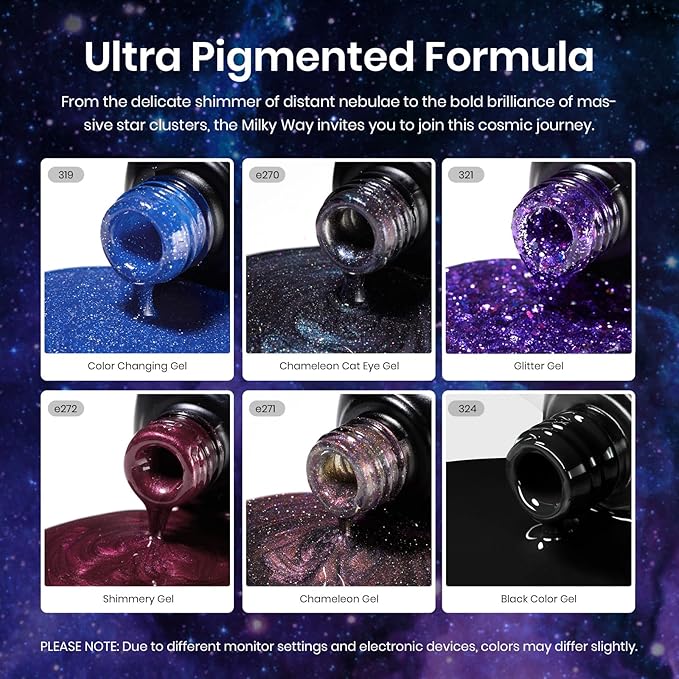 Beetles Cat Eye Gel Polish - Milky Way 6 Colors Gel Polish Set, Black Purple Blue Temperature Changing Glitter Nails, Galaxy Nails Kit with Magnet Stick Soak Off Uv Lamp Gel