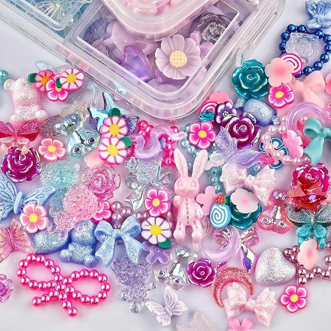 2050 Pieces 3D Butterfly Rose Flower Bow Rabbit Bear Nail Charms Kit with Nail Art Rhinestones Pearls Crystal Gems Nail Slices for Manicure DIY Crafts Jewelry Accessories (Pink Purple Blue)