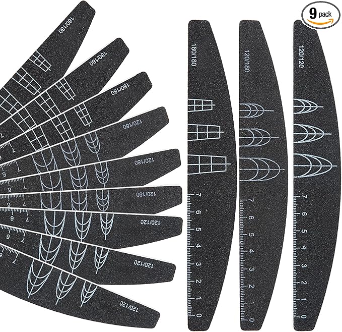 9 Pieces 120/120, 120/180, and 180/180 Grit Both Sides Nail Files with Reference Graphic for Nail Shape（Square, Almond, Oval）, Nail Files for Natural Nails
