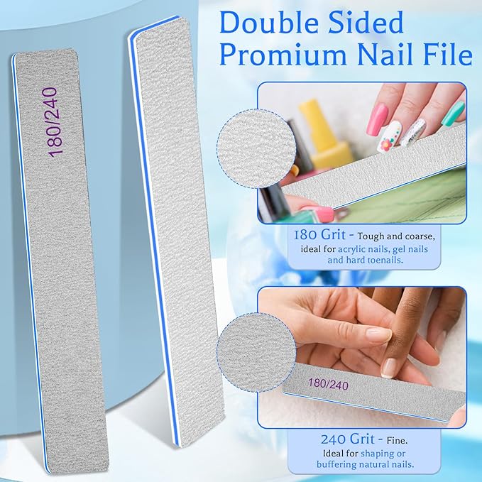 BLESWIN 25 Count 180/240 Grit Rectangle Nail Files for Acrylic Nails, Super Rough Nail Files Emery Boards for Artificial & Fake Nails, Reusable Buffering Files Double Sided Emery Boards for Nails