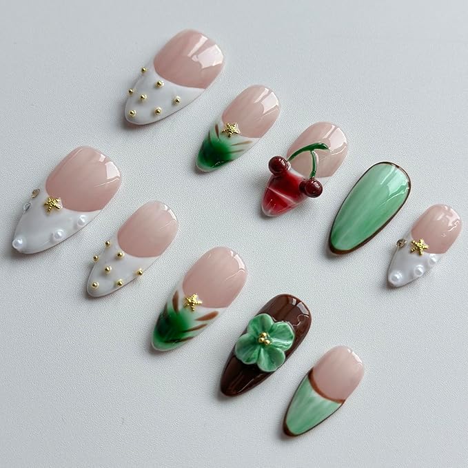 Luxury Press on Nails Medium Almond Handmade 3D Unique Reusable ABS Material Fake Nails French Tip False Nails with Designs Floral Cherry Rhinestones Pearls Glossy Glue on Nail Thick Acrylic Nail(M)