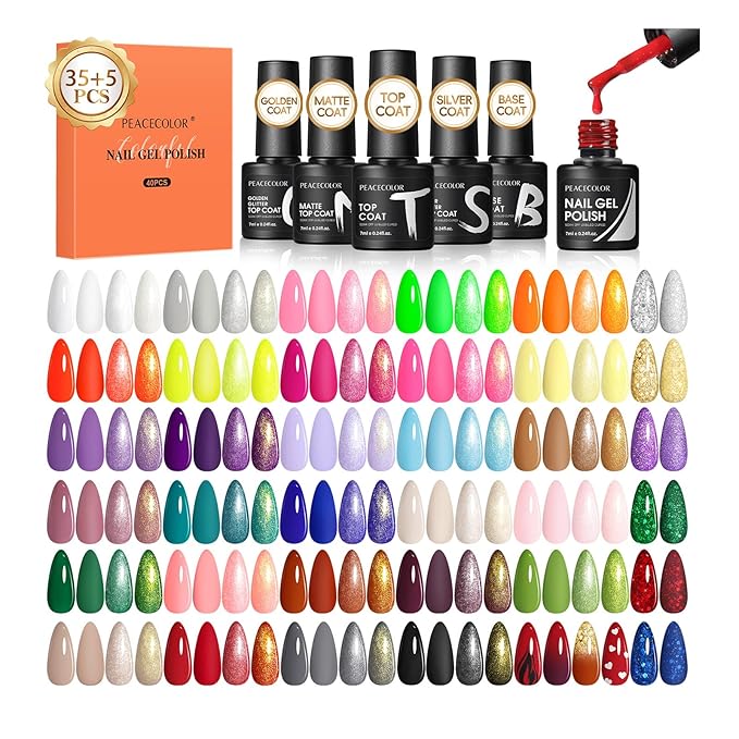 PEACECOLOR 40PCs Gel Nail Polish Set 35 Neon Colors Red Green Pink Yellow Gel Polish with 5Pcs Glossy/Matte/Glitter Top Base Coat Long Lasting Nail Gel Kit Gifts for Women DIY Home Salon