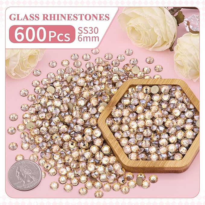 600PCS SS30/6mm Crystal Rhinestones (Golden Shadow/Champagne) with 2Pcs 10ml B7000 Jewelry Glue, Bedazzling Flatback Glass Rhinestones for Crafting, Gems Diomand for Tumbler Shoes Clothing Nail Art