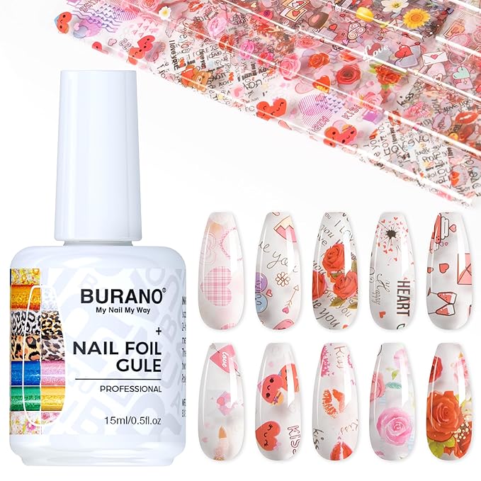 BURANO Nail Art Nail Foil Glue Gel, o.5 oz with 10PCS Foil Stickers Set Nail Foil Glue for Nails Foil Transfer Gel, Nail Design DIY UV LED Lamp Required (Love 23)