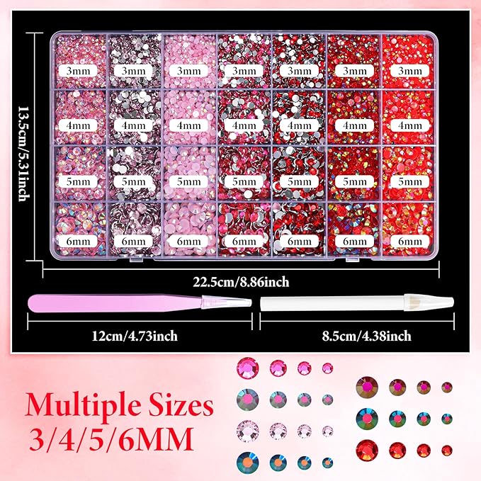 22300Pcs Red Pink Rhinestones for Bedazzling, 3mm-6mm Jelly Bedazzling Resin Gems, Hot Pink AB Gems Bedazzling Kit for Crafting Nails Face Makeup Crafts Tumblers