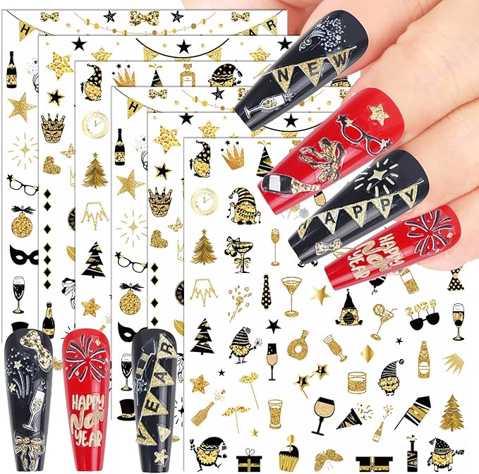 Keluna New Year Nail Stickers - 6 Sheets Happy New Year 2025 Nail Art Sticker, Glitter Gold Christmas Nail Decals, 5D Fireworks Champagne Eve Nail Decal Designs for Women Girls Manicure Decoration
