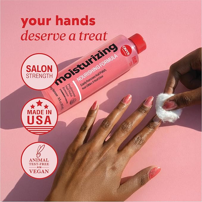 Onyx Professional Nail Polish Remover with 7 inch Nail File, Strawberry Scent, Made in USA, 16 fl oz - Moisturizing Formula, Acetone-based Gel Polish Remover, Enhanced with Vitamin E, Grape Seed Oil