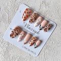 3D Handmade Press On Nails,Brown French Tip Medium Almond Fake Nails with Rhinestone Flowers, Reusable Luxury Winter Nail Art, Salon-Quality Acrylic Nails for Women