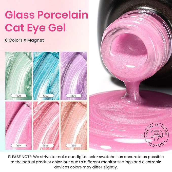 Beetles Cat Eye Gel Nail Polish Set, 6 Colors Pastel Spring Shimmer Glitter Gel Polish Kit Pink Red Blue Orange Green Purple Velvet Gel Soak Off LED UV with Magnet Nail Art DIY Manicure Gift for Women