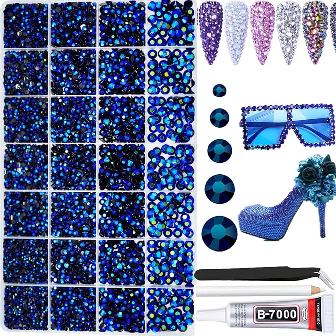 22000pcs Resin Flatback Rhinestones for Crafting, Ink Blue AB Bedazzling Gems Beads 2mm 3mm 4mm 5mm 6mm, Non-Hotfix SS8 SS10 SS16 SS20 SS30 Gems with B7000 Glue for DIY Crafts, Nails
